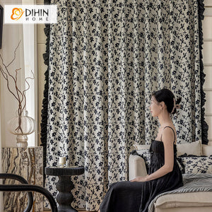 DIHINHOME Home Textile Modern Curtain DIHIN HOME Modern Black Flowers Printed,Grommet Window Curtain for Living Room,52x63-inch,1 Panel