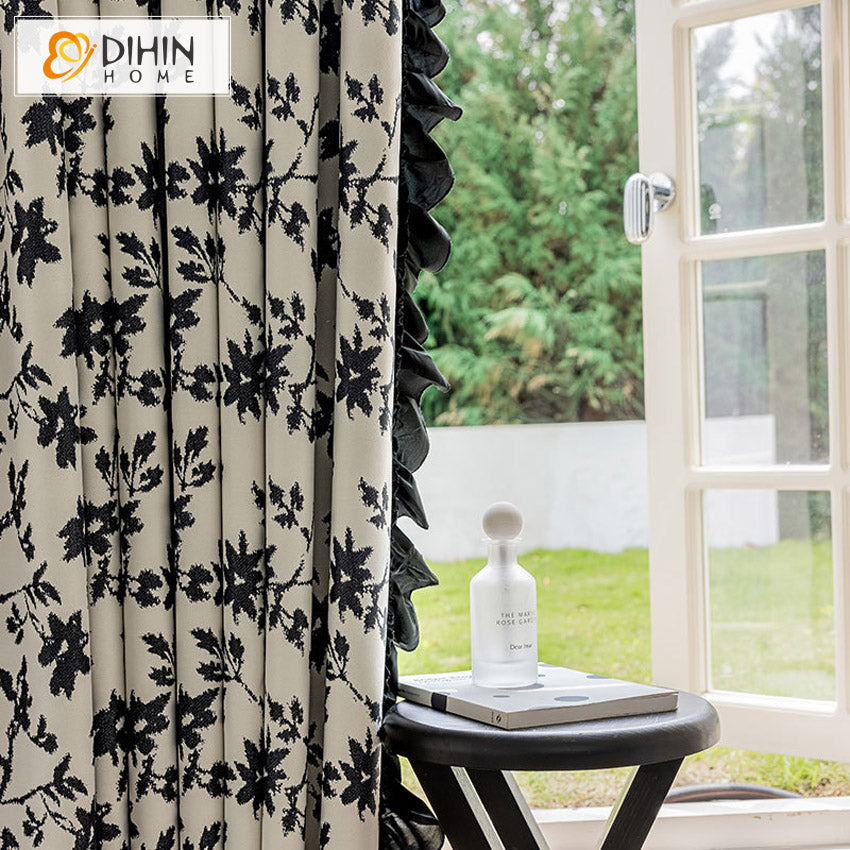 DIHIN HOME Modern Black Flowers Printed,Grommet Window Curtain for Living  Room,52x63-inch,1 Panel