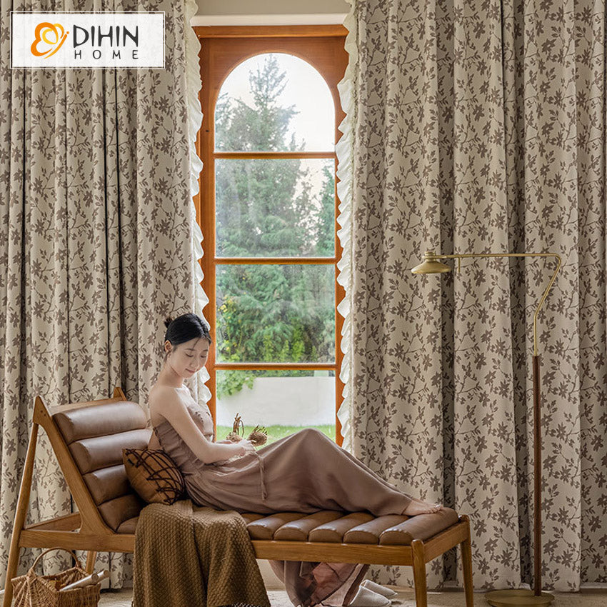 DIHINHOME Home Textile Modern Curtain DIHIN HOME Modern Coffee Flowers Printed,Grommet Window Curtain for Living Room,52x63-inch,1 Panel