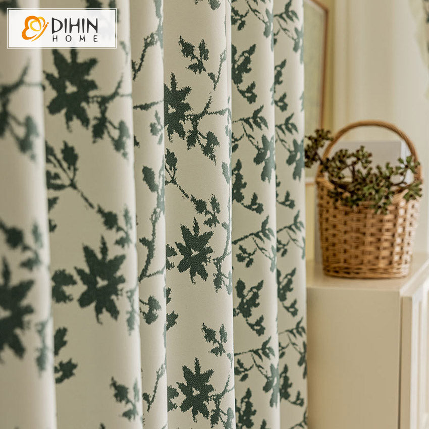 DIHINHOME Home Textile Modern Curtain DIHIN HOME Modern Green Flowers Printed,Grommet Window Curtain for Living Room,52x63-inch,1 Panel