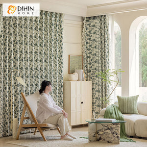 DIHINHOME Home Textile Modern Curtain DIHIN HOME Modern Green Flowers Printed,Grommet Window Curtain for Living Room,52x63-inch,1 Panel