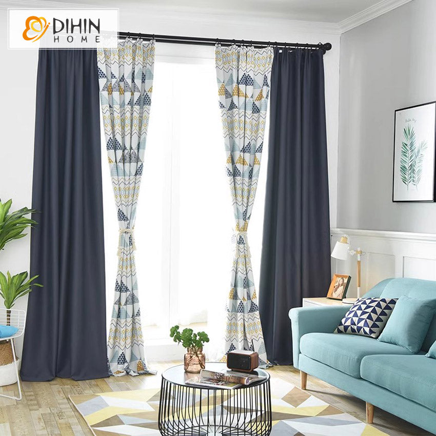 DIHINHOME Home Textile Modern Curtain DIHIN HOME Modern Navy Blue Triangle Geometric Printed,Grommet Window Curtain for Living Room,Customzied Curtains