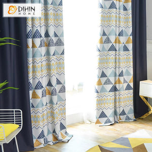 DIHINHOME Home Textile Modern Curtain DIHIN HOME Modern Navy Blue Triangle Geometric Printed,Grommet Window Curtain for Living Room,Customzied Curtains