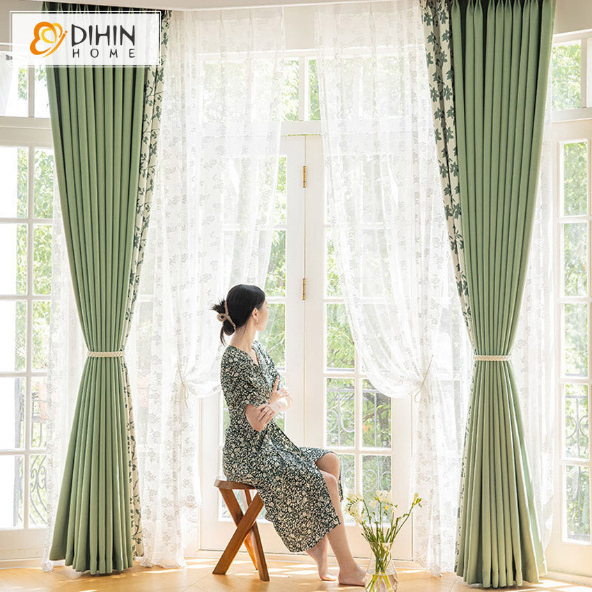 DIHINHOME Home Textile Modern Curtain DIHIN HOME Pastoral Green Leaves Printed,Grommet Window Curtain for Living Room,52x63-inch,1 Panel