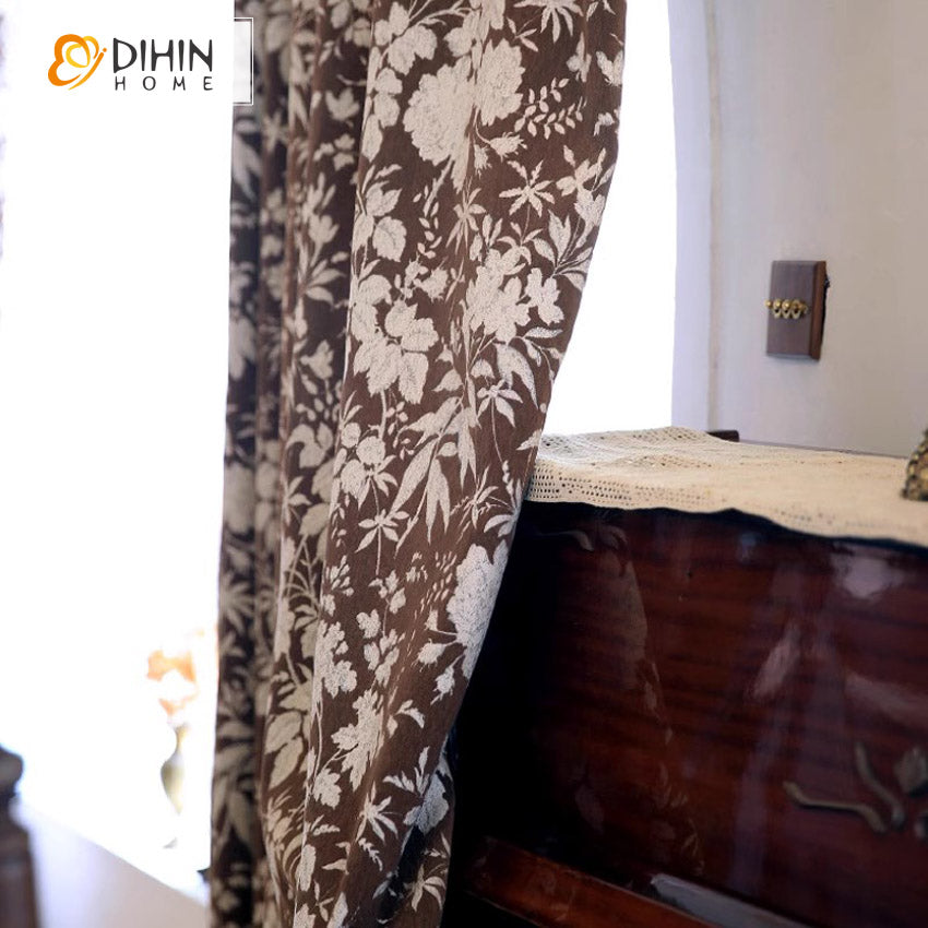 DIHINHOME Home Textile Pastoral Curtain DIHIN HOME American Pastoral Leaves Jacquard,Grommet Window Curtain for Living Room,Customzied Curtains