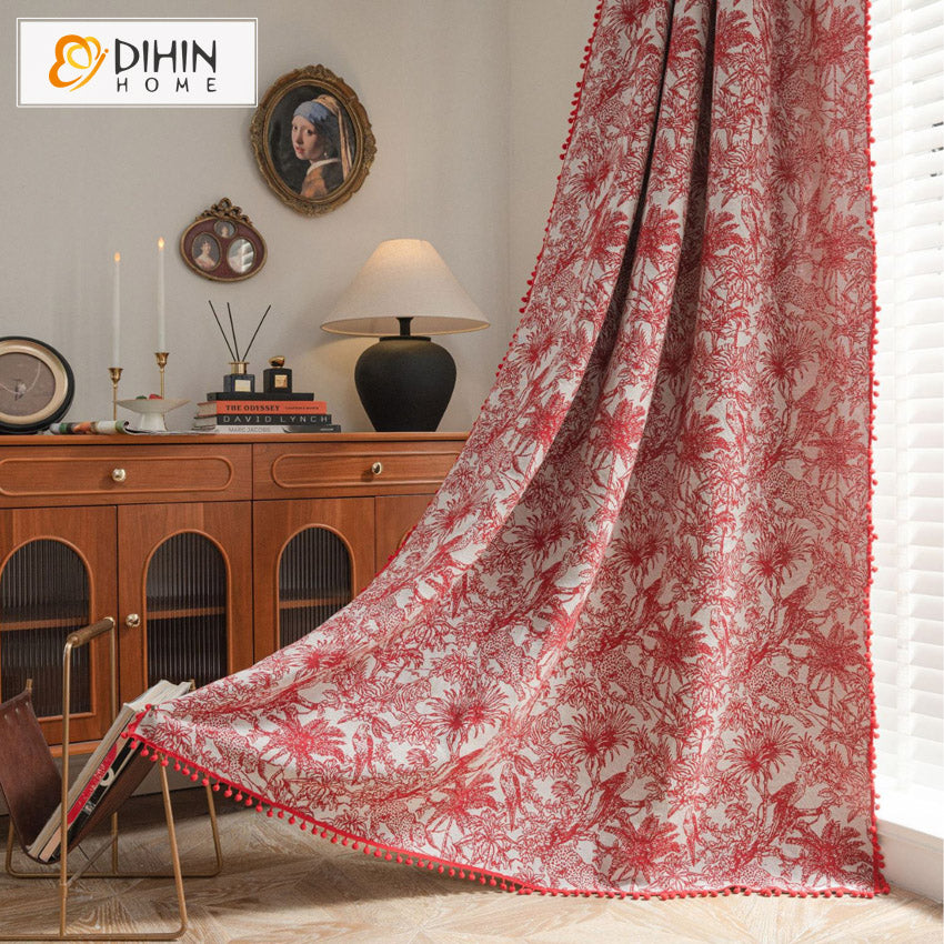 DIHINHOME Home Textile Pastoral Curtain DIHIN HOME Bohemian Red Leaves Painting Printed,Blackout Grommet Window Curtain for Living Room ,52x63-inch,1 Panel