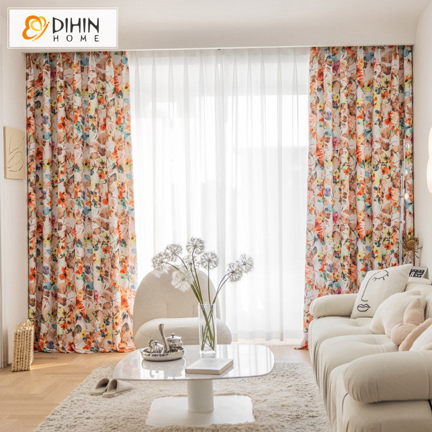DIHINHOME Home Textile Pastoral Curtain DIHIN HOME Colorful Flowers Printed,Blackout Grommet Window Curtain for Living Room ,52x63-inch,1 Panel
