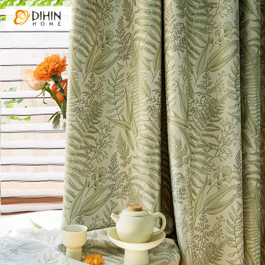 DIHINHOME Home Textile Pastoral Curtain DIHIN HOME Cotton Linen Green Leaves Printed,Grommet Window Curtain for Living Room,Customzied Curtains