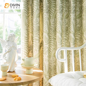 DIHINHOME Home Textile Pastoral Curtain DIHIN HOME Cotton Linen Green Leaves Printed,Grommet Window Curtain for Living Room,Customzied Curtains