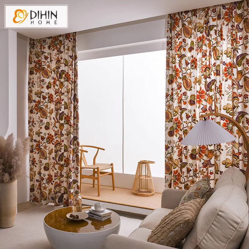 DIHINHOME Home Textile Pastoral Curtain DIHIN HOME Fashion Flowers Pattern Printed,Half Blackout Grommet Window Curtain for Living Room ,52x63-inch,1 Panel