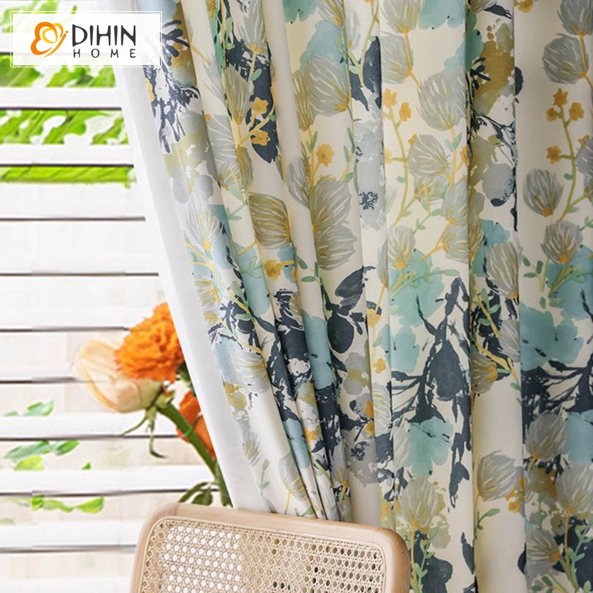 DIHINHOME Home Textile Pastoral Curtain DIHIN HOME Garden Abstract Flowers Printed,Grommet Window Curtain for Living Room,Customzied Curtains