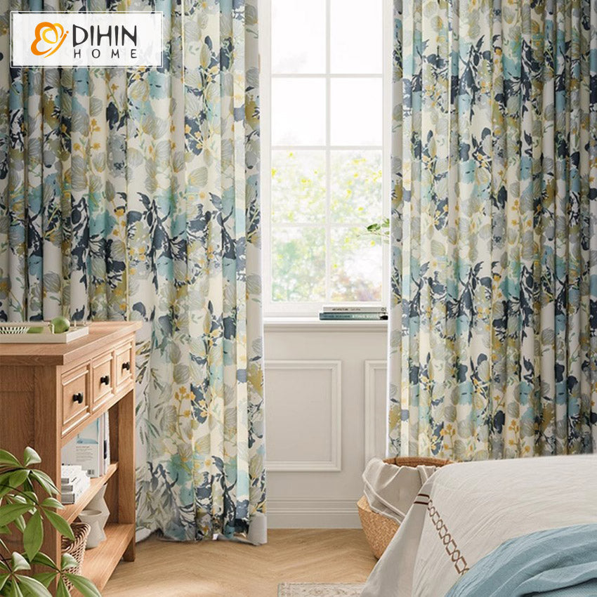 DIHINHOME Home Textile Pastoral Curtain DIHIN HOME Garden Abstract Flowers Printed,Grommet Window Curtain for Living Room,Customzied Curtains