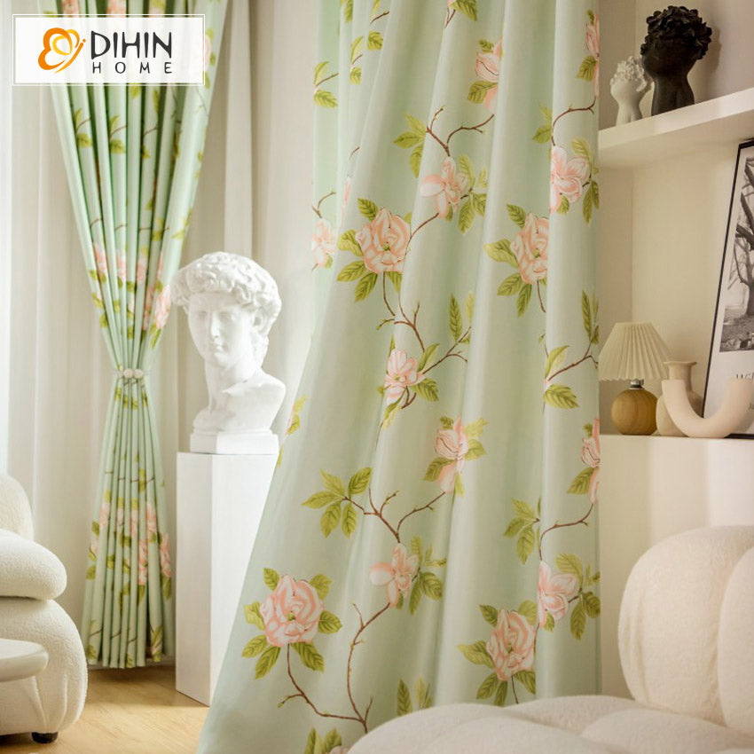 DIHINHOME Home Textile Pastoral Curtain DIHIN HOME Garden Green Flowers Printed,Grommet Window Curtain for Living Room,52x63-inch,1 Panel