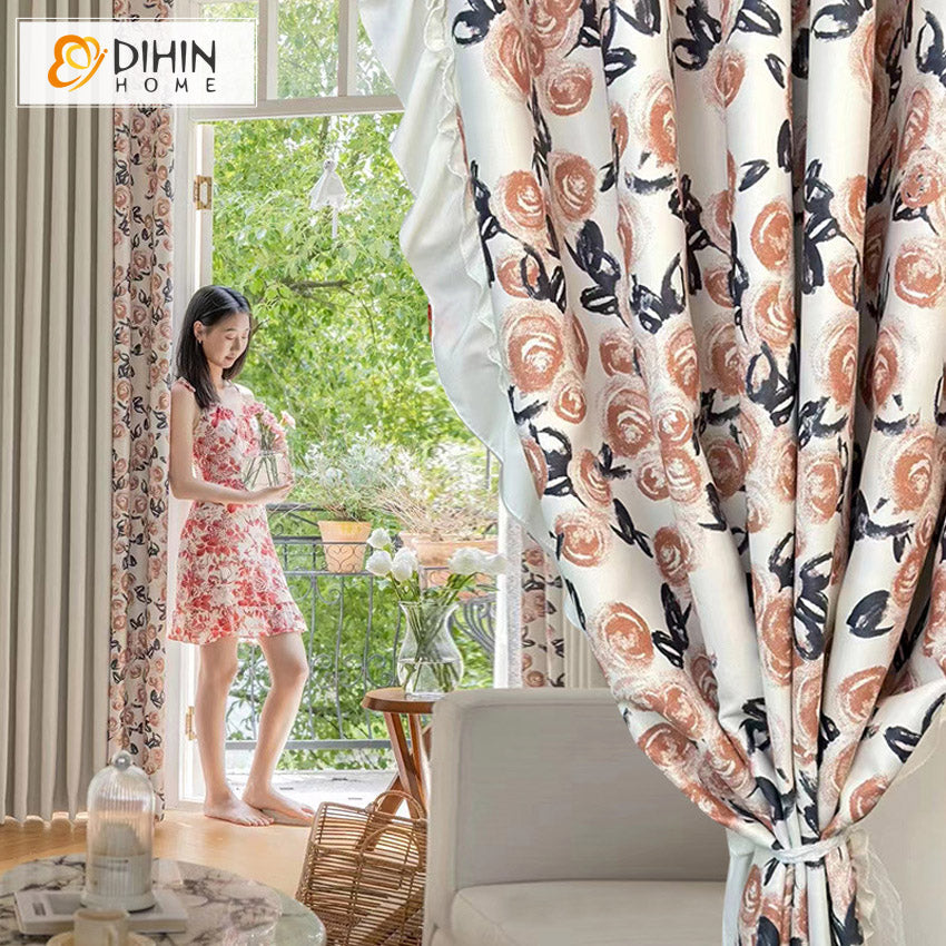 DIHINHOME Home Textile Pastoral Curtain DIHIN HOME Pastoral Beige Printed,Grommet Window Curtain for Living Room,52x63-inch,1 Panel