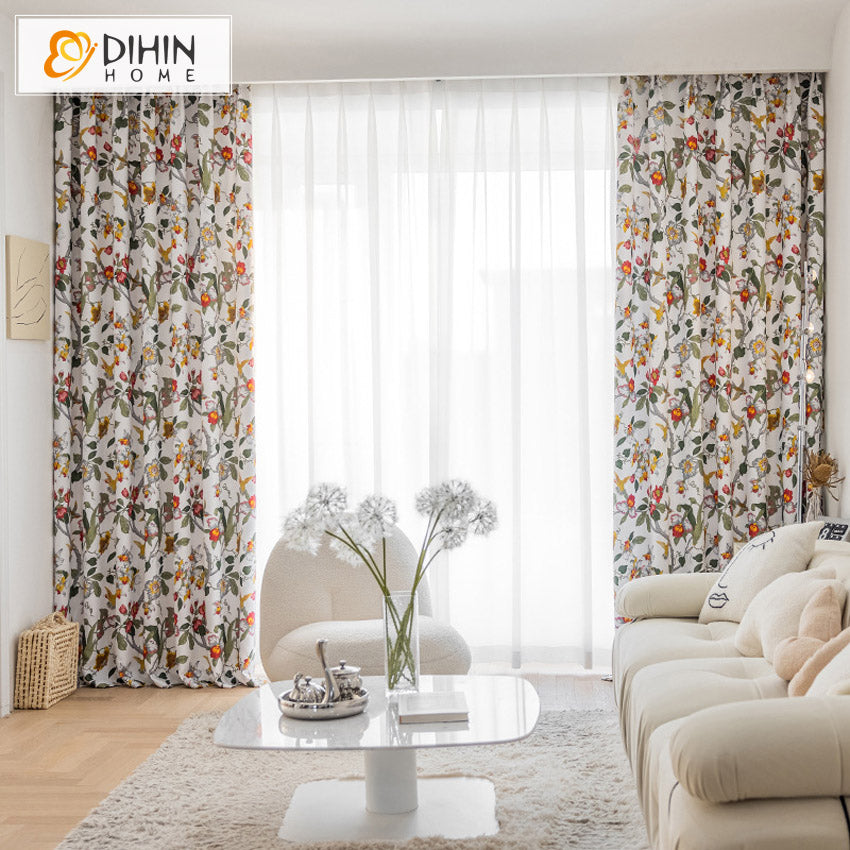 DIHINHOME Home Textile Pastoral Curtain DIHIN HOME Pastoral Bird and Tree Printed,Blackout Grommet Window Curtain for Living Room ,52x63-inch,1 Panel