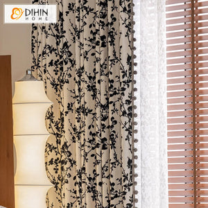 DIHINHOME Home Textile Pastoral Curtain DIHIN HOME Pastoral Black Leaves Printed,Blackout Grommet Window Curtain For Living Room ,52x63-inch,1  Panel