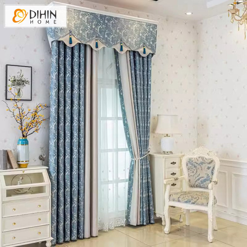 DIHINHOME Home Textile Pastoral Curtain DIHIN HOME Pastoral Blue Color Jacquard,Blackout Grommet Window Curtain for Living Room ,52x63-inch,1 Panel