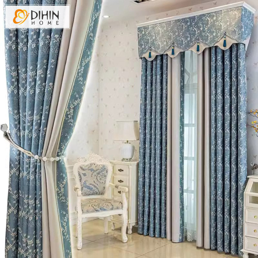 DIHINHOME Home Textile Pastoral Curtain DIHIN HOME Pastoral Blue Color Jacquard,Blackout Grommet Window Curtain for Living Room ,52x63-inch,1 Panel