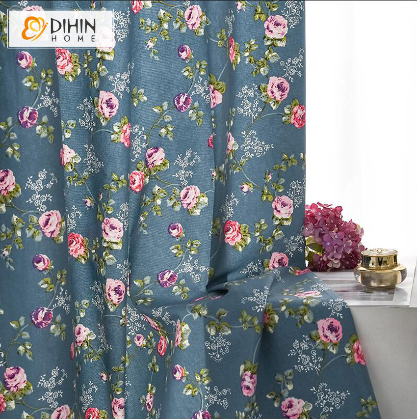 DIHINHOME Home Textile Pastoral Curtain DIHIN HOME Pastoral Blue Color Pink Flowers Printed,Half Blackout Grommet Window Curtain for Living Room ,52x63-inch,1 Panel