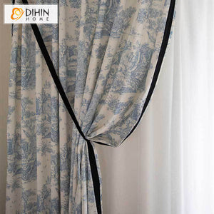 DIHINHOME Home Textile Pastoral Curtain DIHIN HOME Pastoral Blue Color Printed,Half Blackout Grommet Window Curtain for Living Room ,52x63-inch,1 Panel