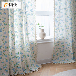 DIHINHOME Home Textile Pastoral Curtain DIHIN HOME Pastoral Blue Flowers Painting Printed,Blackout Grommet Window Curtain for Living Room ,52x63-inch,1 Panel