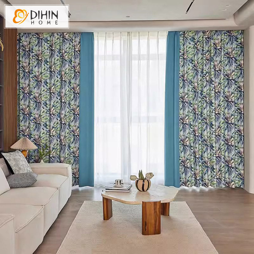 DIHINHOME Home Textile Pastoral Curtain DIHIN HOME Pastoral Blue Flowers Printed,Blackout Grommet Window Curtain for Living Room ,52x63-inch,1 Panel