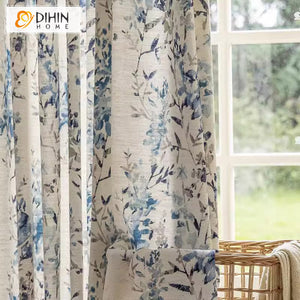 DIHINHOME Home Textile Pastoral Curtain DIHIN HOME Pastoral Blue Leaves Printed,Blackout Grommet Window Curtain for Living Room ,52x63-inch,1 Panel