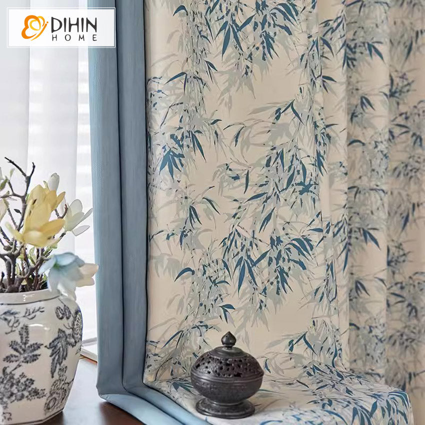 DIHINHOME Home Textile Pastoral Curtain DIHIN HOME Pastoral Blue Leaves Printed,Blackout Grommet Window Curtain for Living Room ,52x63-inch,1 Panel