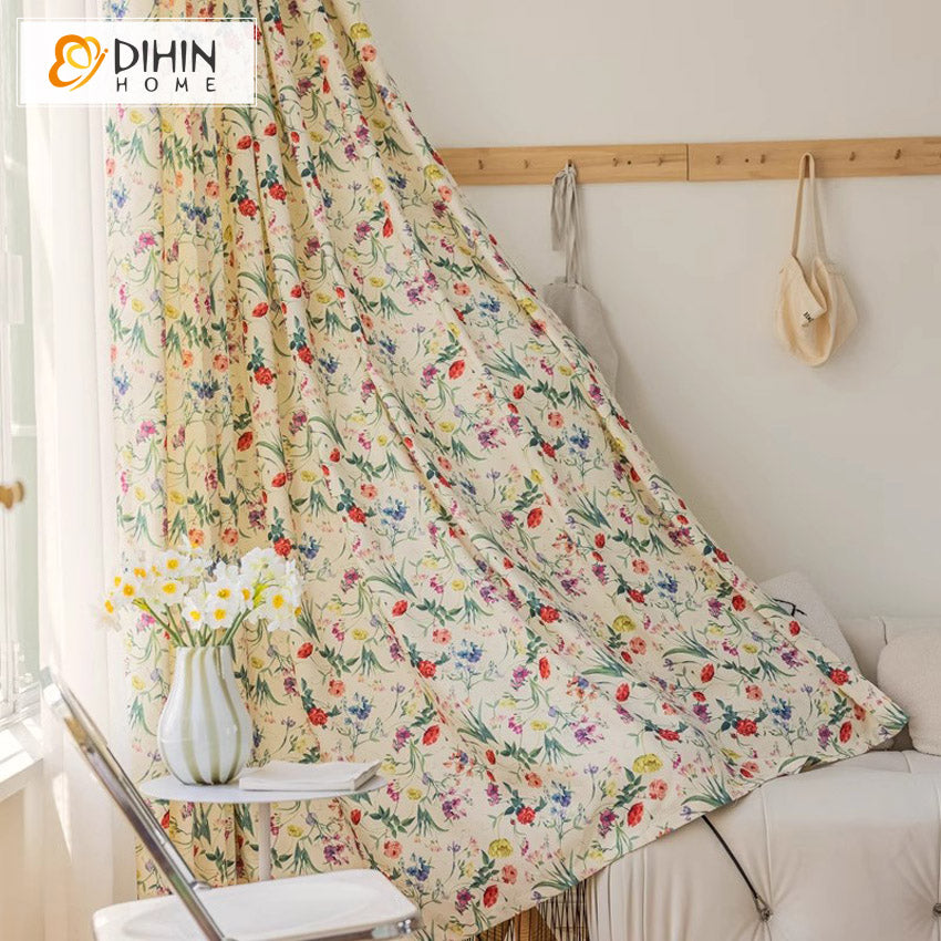 DIHINHOME Home Textile Pastoral Curtain DIHIN HOME Pastoral Colorful Flowers Printed,Grommet Window Curtain for Living Room,Customzied Curtains