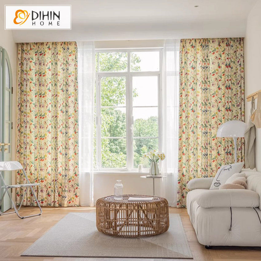 DIHINHOME Home Textile Pastoral Curtain DIHIN HOME Pastoral Colorful Flowers Printed,Grommet Window Curtain for Living Room,Customzied Curtains