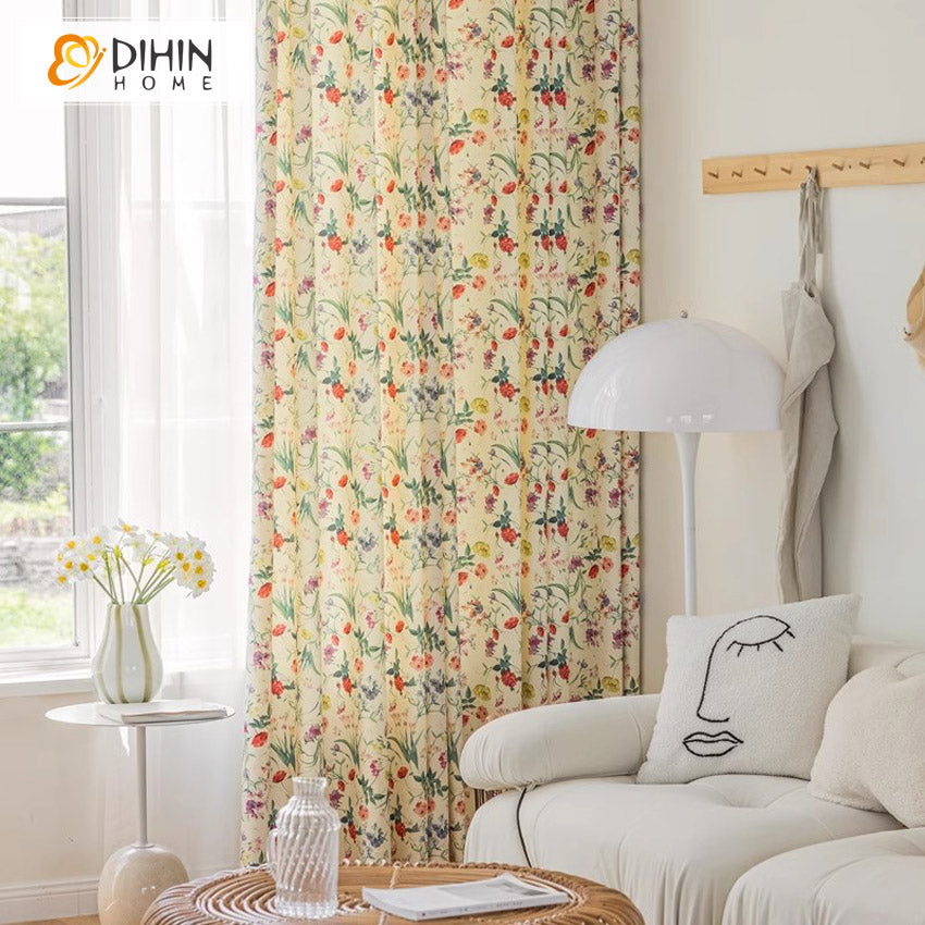 DIHINHOME Home Textile Pastoral Curtain DIHIN HOME Pastoral Colorful Flowers Printed,Grommet Window Curtain for Living Room,Customzied Curtains