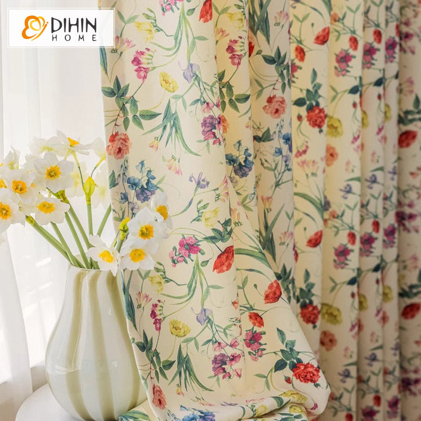 DIHINHOME Home Textile Pastoral Curtain DIHIN HOME Pastoral Colorful Flowers Printed,Grommet Window Curtain for Living Room,Customzied Curtains