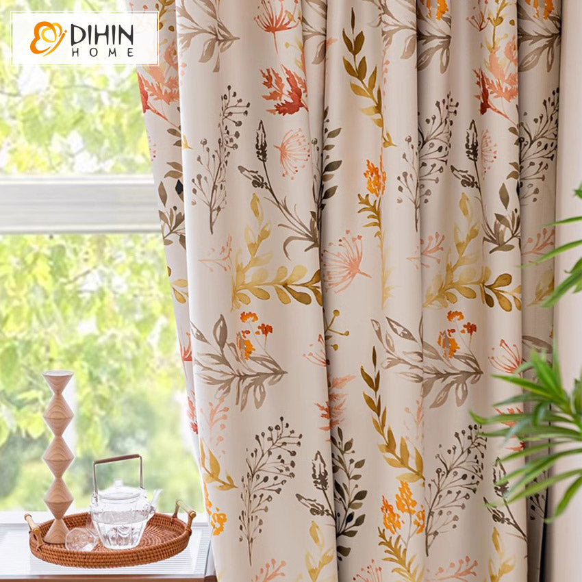 DIHINHOME Home Textile Pastoral Curtain DIHIN HOME Pastoral Colorful Leaves Printed,Grommet Window Curtain for Living Room,Customzied Curtains