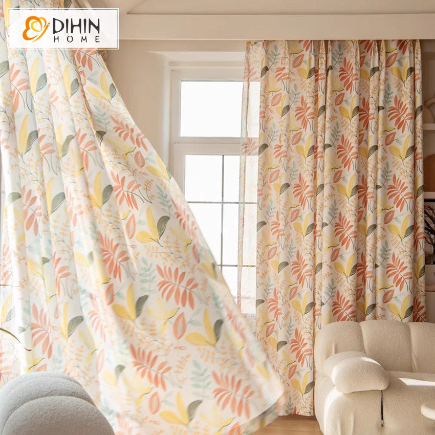 DIHINHOME Home Textile Pastoral Curtain DIHIN HOME Pastoral Colorful Leaves Printed,Grommet Window Curtain for Living Room,Customzied Curtains