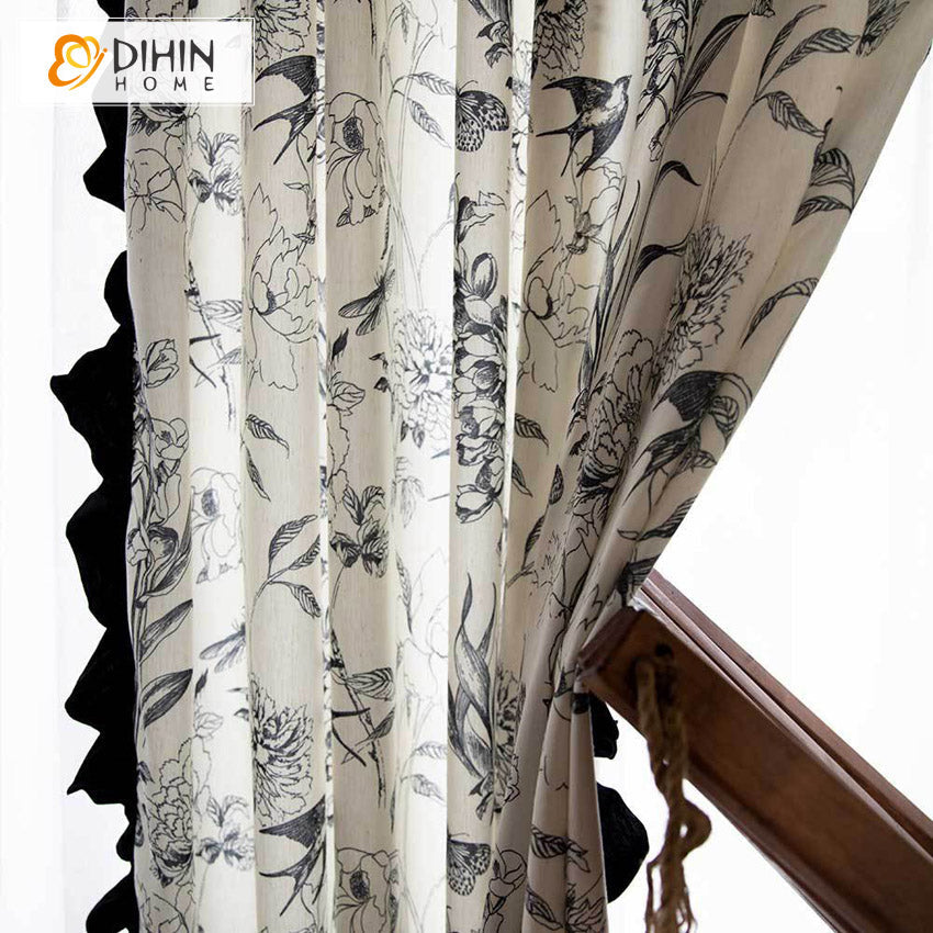 DIHINHOME Home Textile Pastoral Curtain DIHIN HOME Pastoral Cotton Linen Fabric Printed,Half Blackout Grommet Window Curtain for Living Room ,52x63-inch,1 Panel
