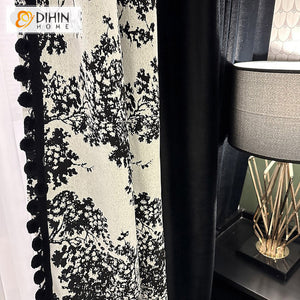 DIHINHOME Home Textile Pastoral Curtain DIHIN HOME Pastoral Curtains With Black Pompoms Jacquard,Blackout Grommet Window Curtain for Living Room ,52x63-inch,1 Panel