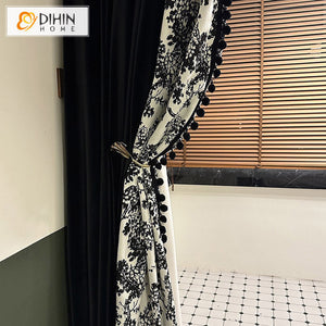 DIHINHOME Home Textile Pastoral Curtain DIHIN HOME Pastoral Curtains With Black Pompoms Jacquard,Blackout Grommet Window Curtain for Living Room ,52x63-inch,1 Panel