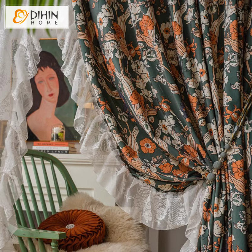 DIHINHOME Home Textile Pastoral Curtain DIHIN HOME Pastoral Flowers Printed With White Lace,Grommet Window Curtain for Living Room,Customzied Curtains