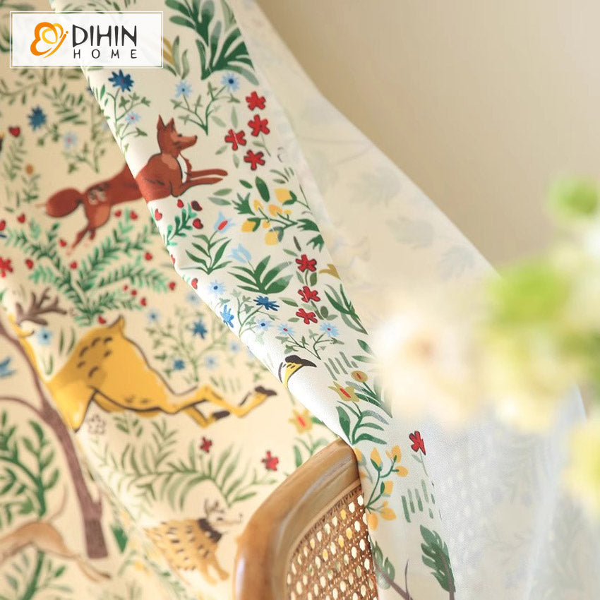 DIHINHOME Home Textile Pastoral Curtain DIHIN HOME Pastoral Forest Fox Printed,Grommet Window Curtain for Living Room,52x63-inch,1 Panel