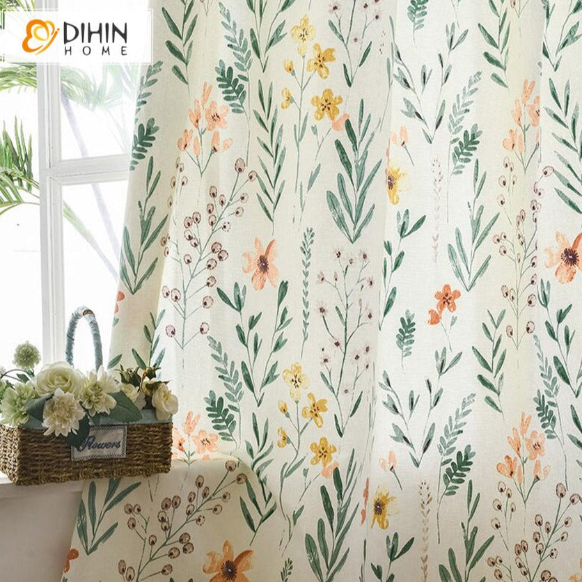 DIHINHOME Home Textile Pastoral Curtain DIHIN HOME Pastoral Green Grass Flowers Printed,Half Blackout Grommet Window Curtain for Living Room ,52x63-inch,1 Panel