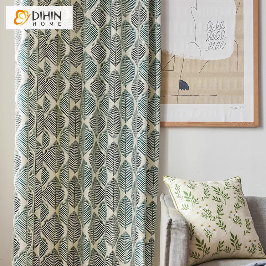 DIHINHOME Home Textile Pastoral Curtain DIHIN HOME Pastoral Green Leaves Flowers Printed,Half Blackout Grommet Window Curtain for Living Room ,52x63-inch,1 Panel