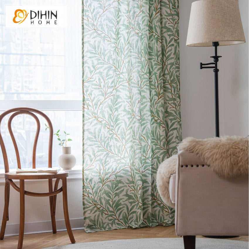 DIHINHOME Home Textile Pastoral Curtain DIHIN HOME Pastoral Green Leaves Painting Printed,Blackout Grommet Window Curtain for Living Room ,52x63-inch,1 Panel