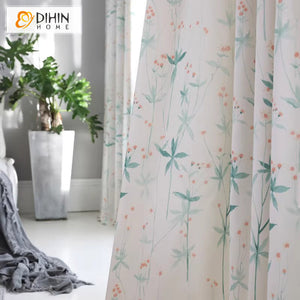 DIHINHOME Home Textile Pastoral Curtain DIHIN HOME Pastoral Green Leaves Printed,Grommet Window Curtain for Living Room,Customzied Curtains