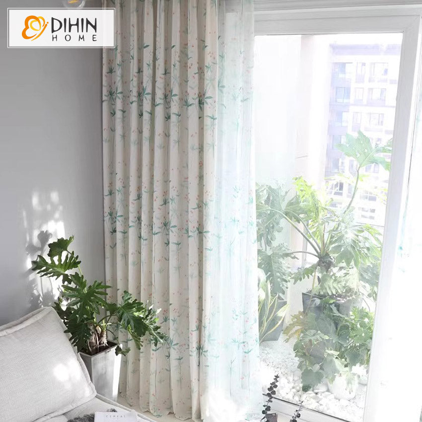 DIHINHOME Home Textile Pastoral Curtain DIHIN HOME Pastoral Green Leaves Printed,Grommet Window Curtain for Living Room,Customzied Curtains