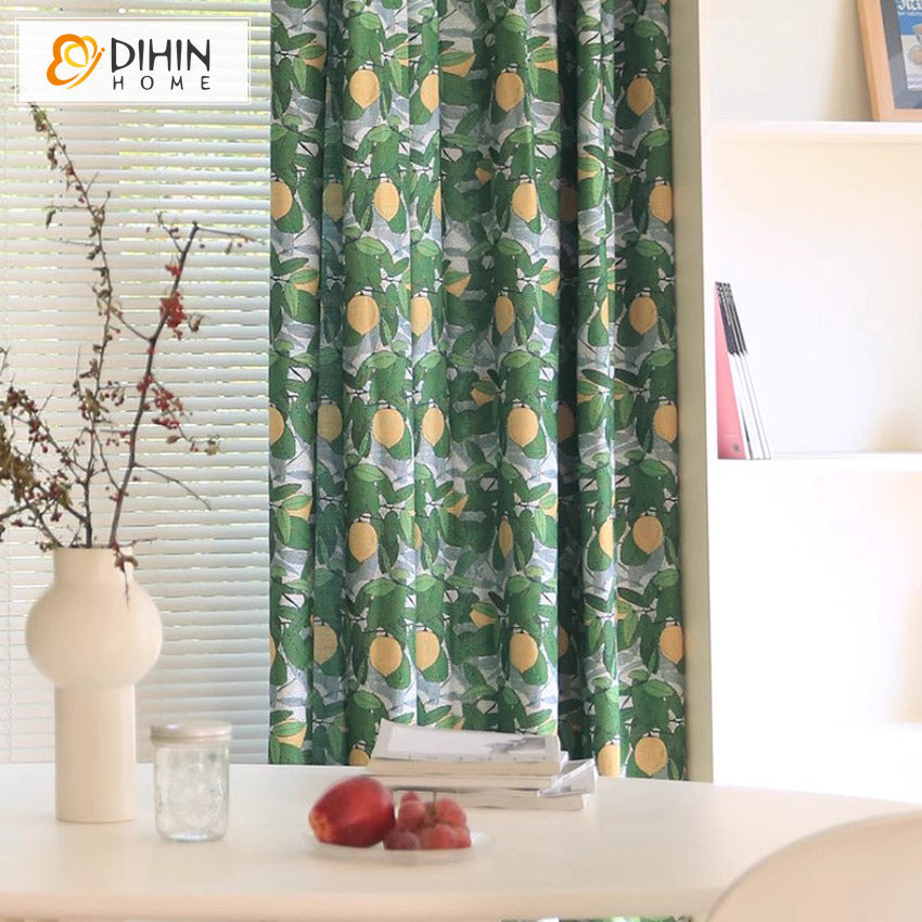 DIHINHOME Home Textile Pastoral Curtain DIHIN HOME Pastoral Green Lemon Printed,Grommet Window Curtain for Living Room,52x63-inch,1 Panel