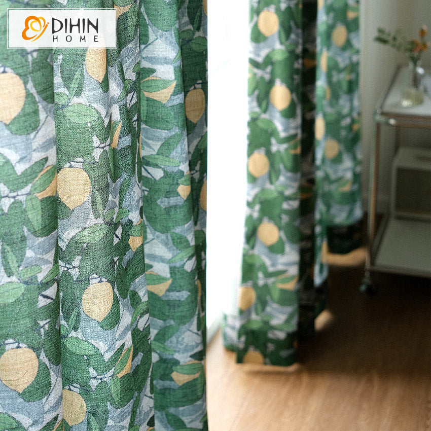 DIHINHOME Home Textile Pastoral Curtain DIHIN HOME Pastoral Green Lemon Printed,Grommet Window Curtain for Living Room,52x63-inch,1 Panel