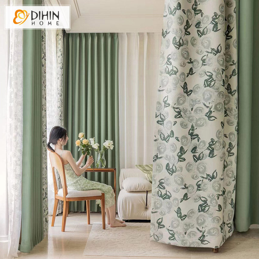 DIHINHOME Home Textile Pastoral Curtain DIHIN HOME Pastoral Green Printed,Grommet Window Curtain for Living Room,52x63-inch,1 Panel
