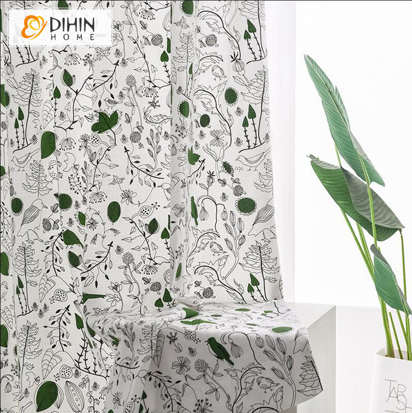 DIHINHOME Home Textile Pastoral Curtain DIHIN HOME Pastoral Hand-painted Bird Printed,Half Blackout Grommet Window Curtain for Living Room ,52x63-inch,1 Panel