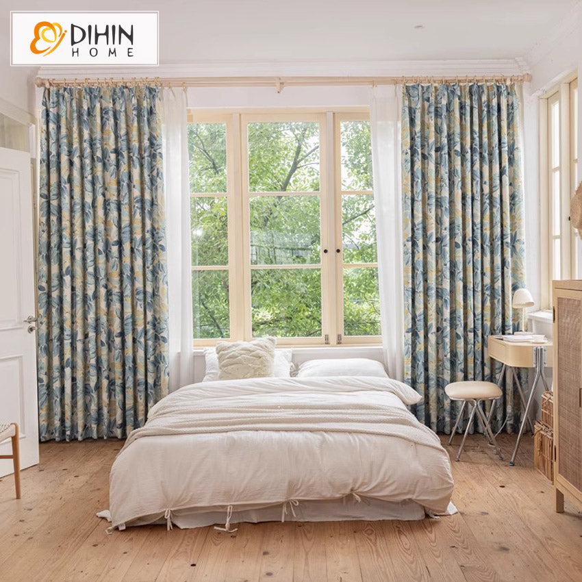 DIHINHOME Home Textile Pastoral Curtain DIHIN HOME Pastoral Natural Blue Leaves Printed,Grommet Window Curtain for Living Room,Customzied Curtains