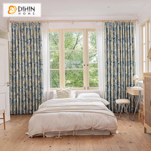 DIHINHOME Home Textile Pastoral Curtain DIHIN HOME Pastoral Natural Blue Leaves Printed,Grommet Window Curtain for Living Room,Customzied Curtains